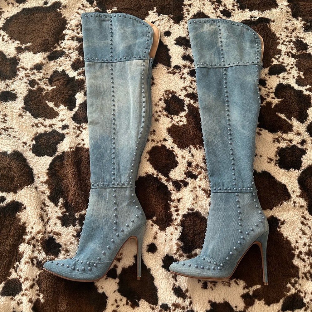 Over-the-Knee Studded Suede Boots in Light Blue